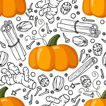 Seamless pattern with pumpkin and spice. Hand drawn Autumn backdrop. Doodle Stock Illustration