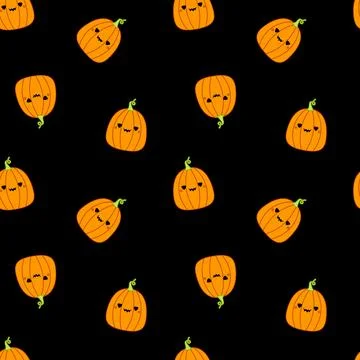 Seamless pattern with pumpkin on black background. Squishmallow. Cute pumpkin Illustrazione stock