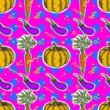 Seamless pattern with pumpkin, carrot, eggplant with geometric forms in the Illustrazione stock