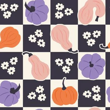 Seamless pattern of pumpkin checkered black white square with small daisy. Stock Illustration