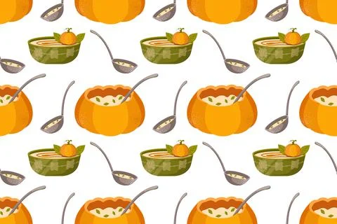 Seamless pattern pumpkin cream soup. Hand drawn soup bowl, spoon, pumpkin. Stock Illustration