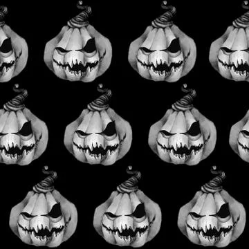 Seamless pattern with pumpkin. Halloween black and white texture. Horrible faces Stock Illustration
