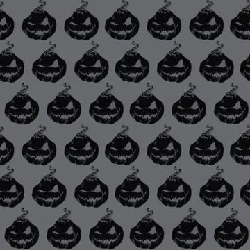 Seamless pattern with pumpkin. Halloween black and white texture. Horrible faces Stock Illustration