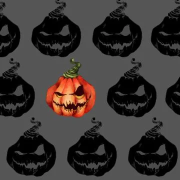 Seamless pattern with pumpkin. Halloween black and white texture. Horrible faces Illustrazione stock