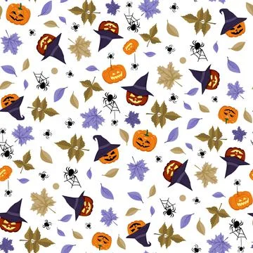 Seamless pattern with pumpkin heads in pointed hat, maple leaves and spiders 스톡 일러스트