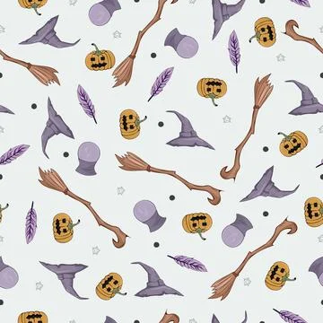 A seamless pattern with a pumpkin, a magic ball, a feather and a witchs broom on Illustrazione stock
