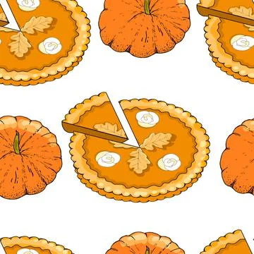 Seamless pattern with pumpkin pies and pumpkins. The theme of autumn, harvest Stock Illustration