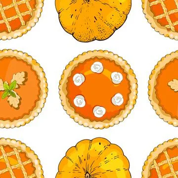 Seamless pattern with pumpkin pies and pumpkins. The theme of autumn, harvest Stock Illustration