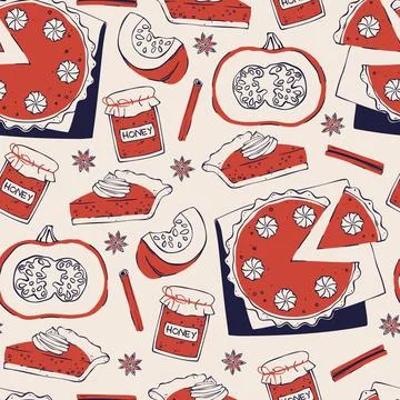 Seamless Pattern with Pumpkin Pies, Honey Jars and Spice. Hand Drawn Doodle.. Stock Illustration