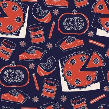 Seamless Pattern with Pumpkin Pies, Honey Jars and Spice. Hand Drawn Doodle.. Illustrazione stock