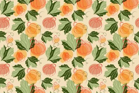Seamless pattern with pumpkin, shapes, leaves in autumn colors. Hand drawing Stock Illustration