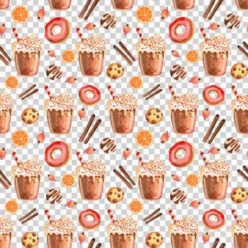 Seamless pattern. Pumpkin spice latte season. Coffee mugs and sweets Stock Illustration