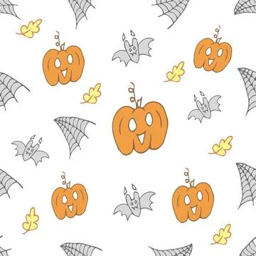 Seamless pattern with pumpkin, spider web, leaves, Halloween on light background 스톡 일러스트