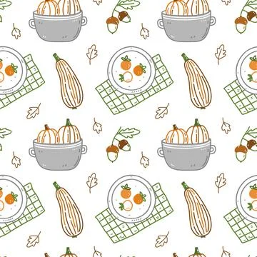 Seamless pattern with pumpkins, acorns and plates with persimmon Stock Illustration