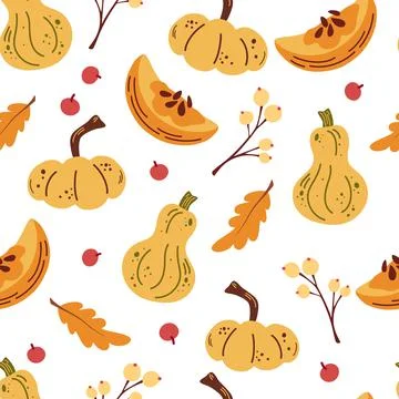 Seamless pattern with pumpkins and autumn leaves, berries. Accessories textil Stock Illustration