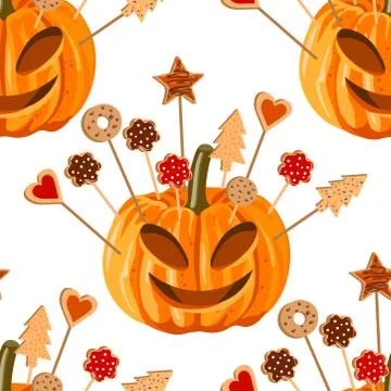 Seamless pattern with the pumpkins and biscuits Stock Illustration