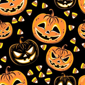 Seamless pattern with a pumpkins and candies. Halloween Party design template Stock Illustration