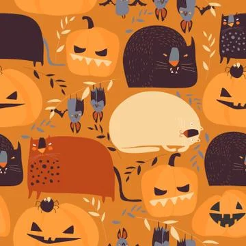 Seamless pattern with pumpkins and cats on orange background Stock Illustration