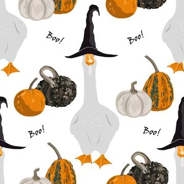Seamless pattern with pumpkins, and cute goose in a witch hat. Halloween back Stock Illustration