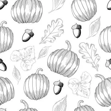 Seamless pattern with pumpkins and leaves and acorns. Sketch Stock Illustration