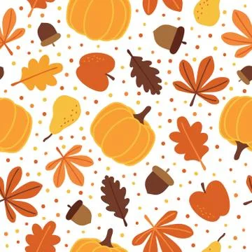 Seamless pattern with pumpkins, apples, pears, acorns and autumn leaves Stock Illustration