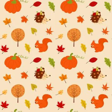 Seamless pattern with pumpkins, autumn leaves, squirrel, hedgehog and tree. Stock Illustration