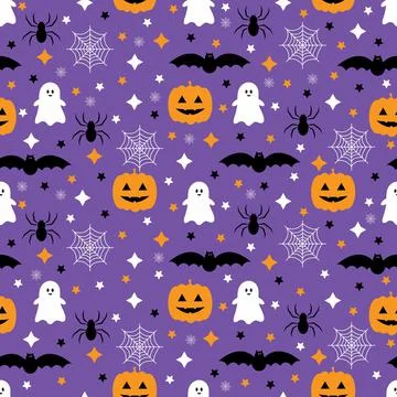 Seamless pattern with pumpkins, bats, spider, ghost. Halloween background. Vecto Stock Illustration