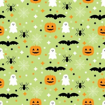 Seamless pattern with pumpkins, bats, spider, ghost. Halloween background. 스톡 일러스트