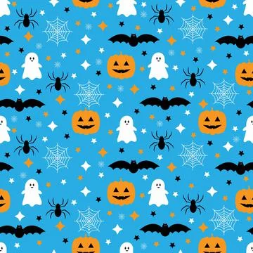 Seamless pattern with pumpkins, bats, spider, ghost. Halloween background.  스톡 일러스트