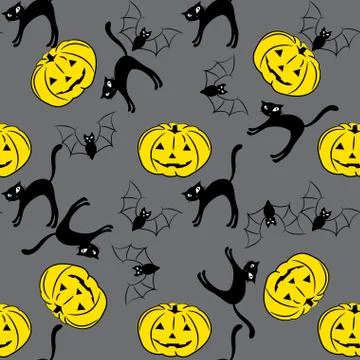 Seamless pattern with pumpkins, bets, cats Stock Illustration