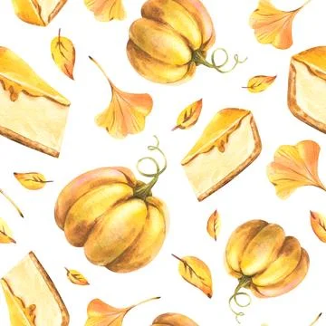 Seamless pattern with pumpkins, cheesecake, and autumn leaves in warm seasonal Illustrazione stock