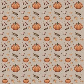 Seamless pattern with pumpkins, cinnamon sticks and autumn leaves Ilustração Stock