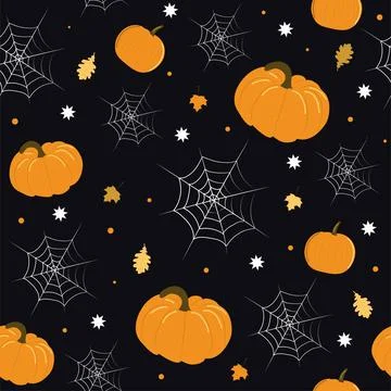 Seamless pattern with pumpkins, cobwebs and autumn leaves on black background Stock Illustration