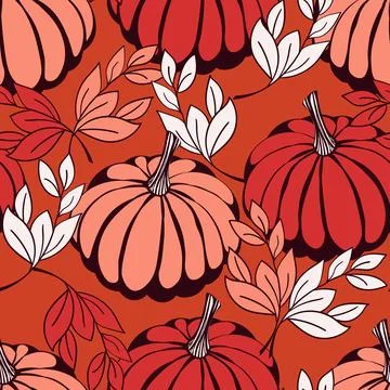 Seamless pattern with pumpkins on color background. Vector hand drawn sketched Stock Illustration
