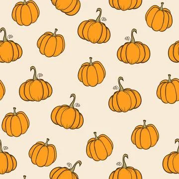 Seamless pattern with pumpkins on color background. Vector hand drawn sketched Stock Illustration