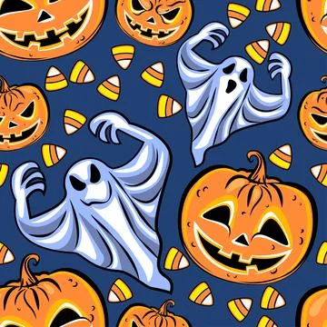 Seamless pattern with a pumpkins, ghosts and candies. Halloween Party design Stock Illustration