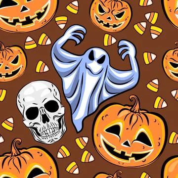Seamless pattern with a pumpkins, ghosts and candies. Halloween Party design Stock Illustration