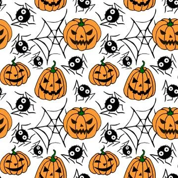 Seamless pattern with pumpkins, Jack lanterns, cute spiders, cobwebs. Vector  Stock Illustration