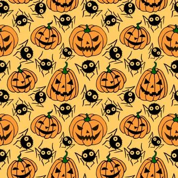 Seamless pattern with pumpkins, Jack lanterns, cute spiders, cobwebs. Vector  Stock Illustration