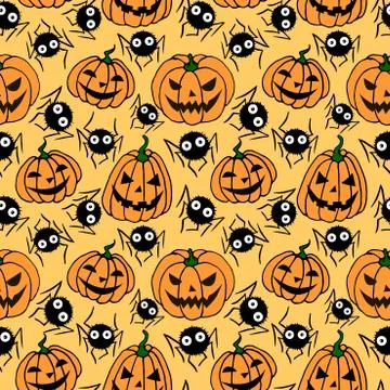 Seamless pattern with pumpkins, Jack lanterns, cute spiders, cobwebs. Vector  Stock Illustration