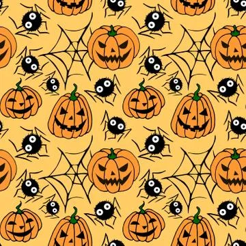 Seamless pattern with pumpkins, Jack lanterns, cute spiders, cobwebs. Vector  Stock-Illustration