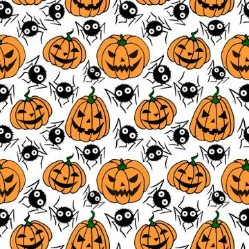Seamless pattern with pumpkins, Jack lanterns, cute spiders, cobwebs. Vector  Stock Illustration