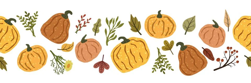 Seamless pattern with pumpkins, leaves and branches celebrating autumn vibes Stockillustratie