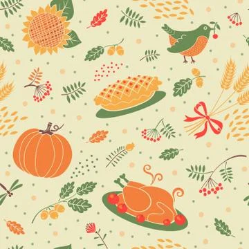 Seamless pattern with pumpkins, leaves, wheat and turkey. Stock Illustration