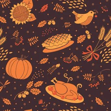 Seamless pattern with pumpkins, leaves, wheat and turkey. Stock Illustration