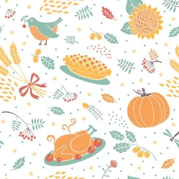Seamless pattern with pumpkins, leaves, wheat and turkey. Stock Illustration