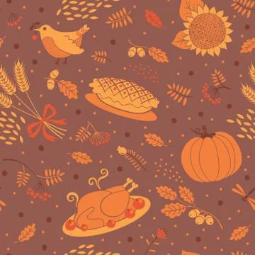 Seamless pattern with pumpkins, leaves, wheat and turkey. Stock Illustration