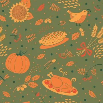 Seamless pattern with pumpkins, leaves, wheat and turkey. Stock Illustration