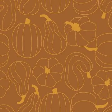 Seamless pattern of pumpkins line art in monochrome brown color. Simple Texture イラスト素材