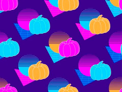 Seamless pattern with pumpkins. Retro background 1980s style. Retrowave. Vect Stock Illustration